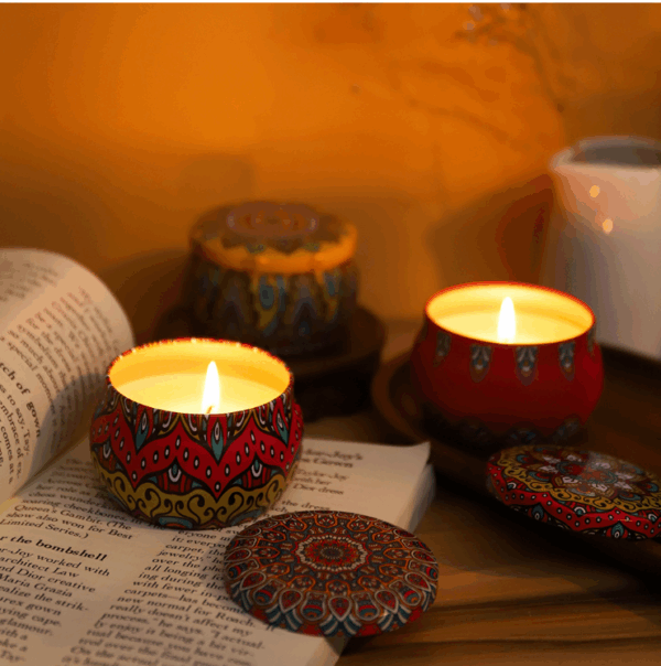 European Style Smokeless Aromatherapy Soy Candle in Tin Can - Essential Oil Infused, Ethnic Decor, Long-Lasting Fragrance for Home, Yoga & Relaxation - Image 3