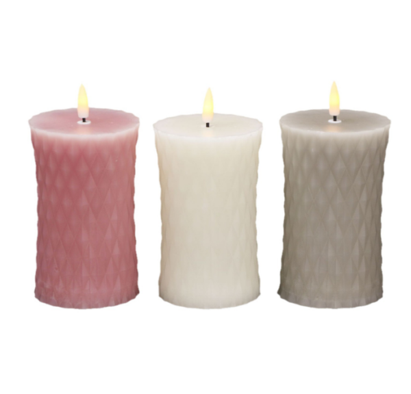 Glass-Etched Pattern Round Waist-Shaped LED Candle Lights – Flameless Decorative Pillar Candles for Weddings, Home, and Event Ambiance