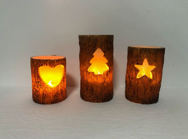 Hollow-Carved Painted Tree Stump LED Candles – Flameless Wedding, Escape Room Party & Christmas Décor, Reusable Electronic Tealights for Festive Themed Ambiance - Image 2