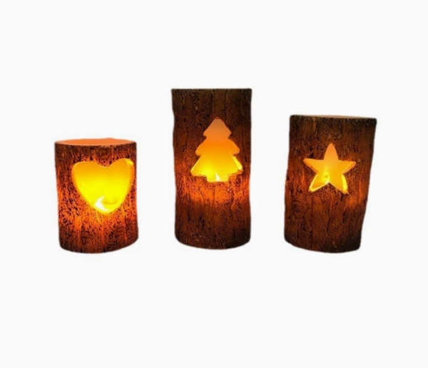 Hollow-Carved Painted Tree Stump LED Candles – Flameless Wedding, Escape Room Party & Christmas Décor, Reusable Electronic Tealights for Festive Themed Ambiance