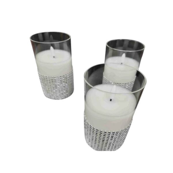 Rhinestone-Decorated LED Flameless Candles in Column Glass Jars – Elegant Crystal Embellished Tea Lights for Home Decor, Weddings, Dining Tables, and Romantic Ambiance Lighting